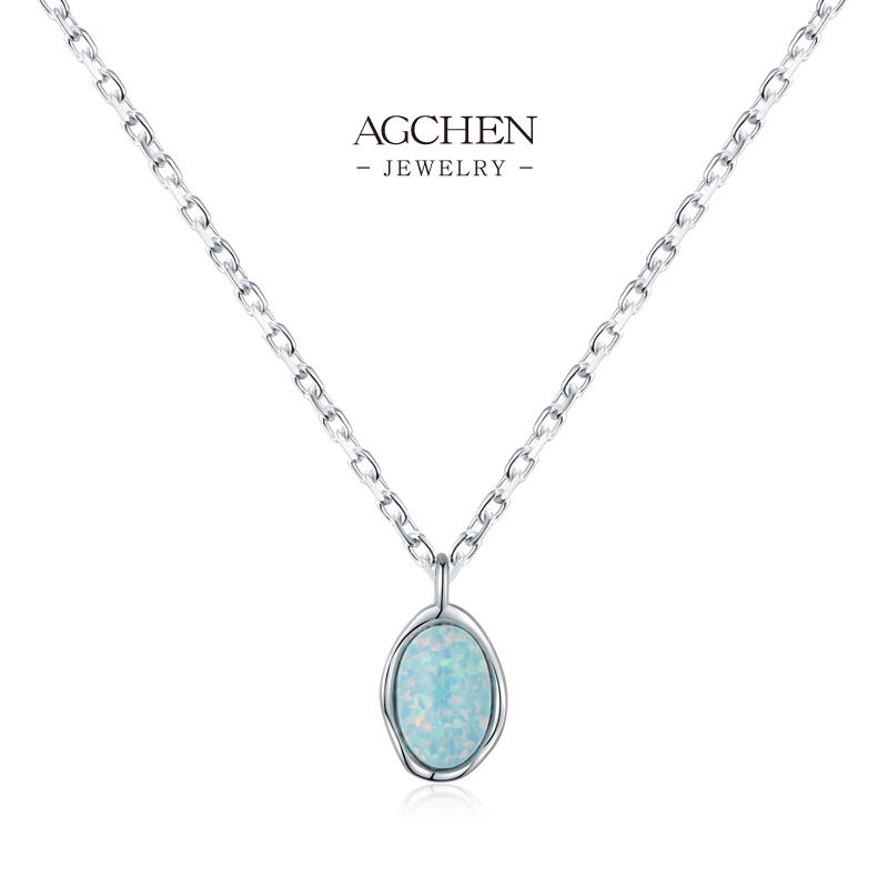 AGCHEN Oval Opal Pendant Necklace with 925 Silver Chain AGRHN1746