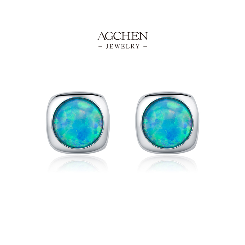 AGCHEN Opal Stud Earrings 925 Sterling Silver Iridescent Minimalist Gemstone Jewelry AGRHE1822