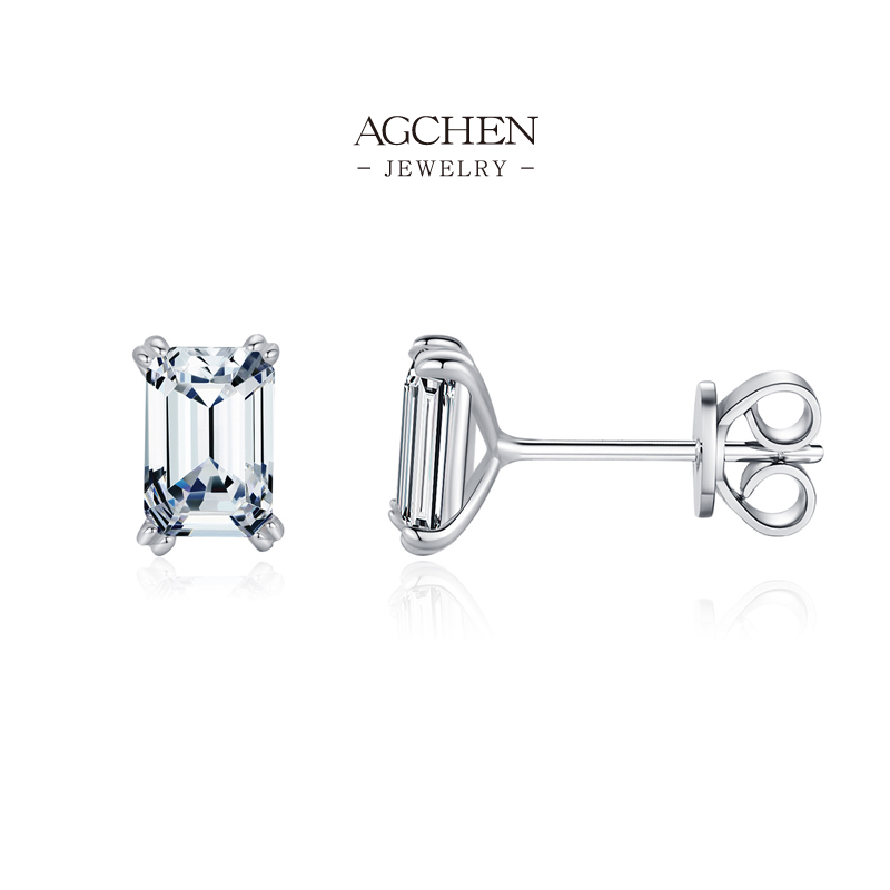 AGCHEN Square White Zircon Stud Earrings 925 Sterling Silver Geometric Ice Sparkle Jewelry AGRHE1687