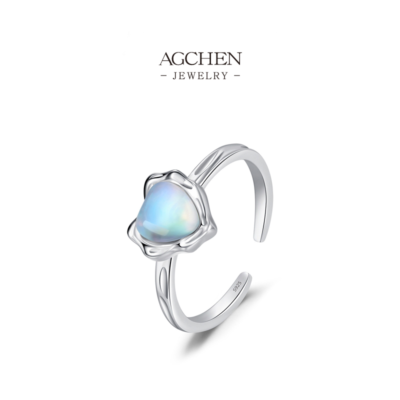 AGCHEN Heart Moonstone Ring 925 Sterling Silver Mystical Love Jewelry AGRHR1515