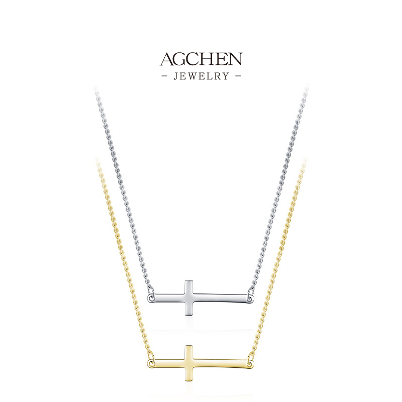 AGCHEN Horizontal Cross Pendant Necklace 925 Sterling Silver Modern Christian Jewelry AGRHN835