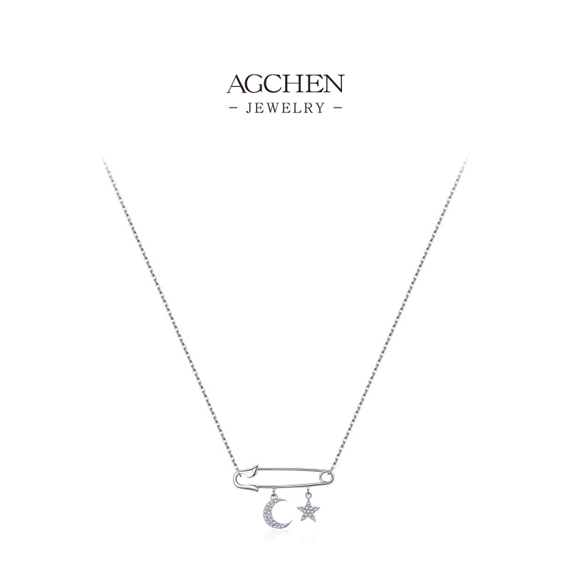 AGCHEN Celestial Paperclip Necklace 925 Sterling Silver Star and Moon Charm Jewelry AGRHN837
