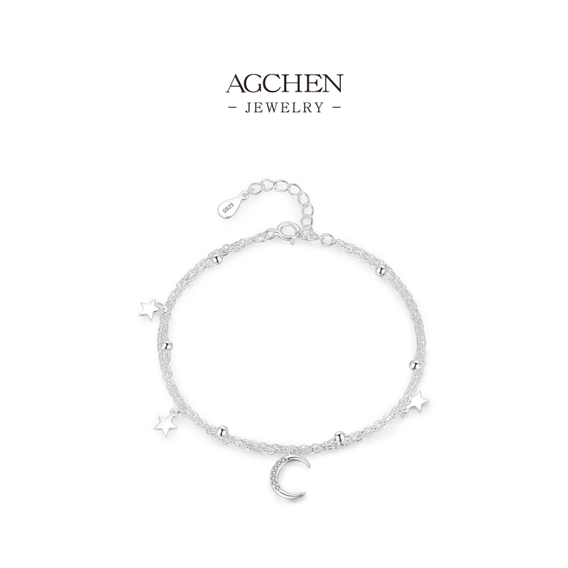 AGCHEN Star and Moon Bracelet 925 Sterling Silver Celestial Night Sky Jewelry AGS4408