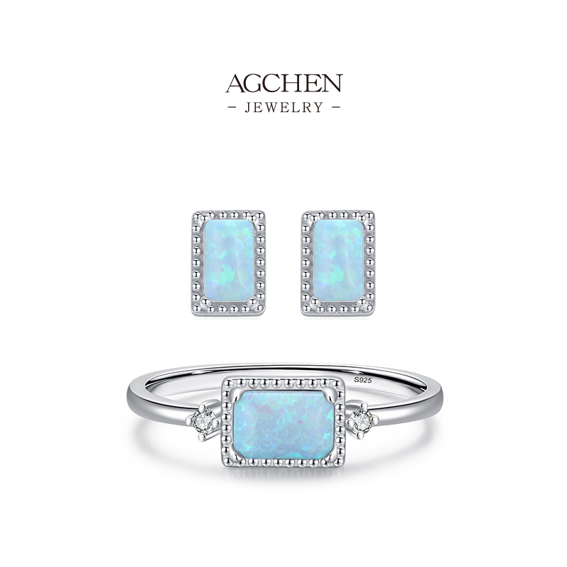 AGCHEN Square Opal Stud Earrings 925 Sterling Silver Geometric Iridescent Gemstone Jewelry AGRHS1043