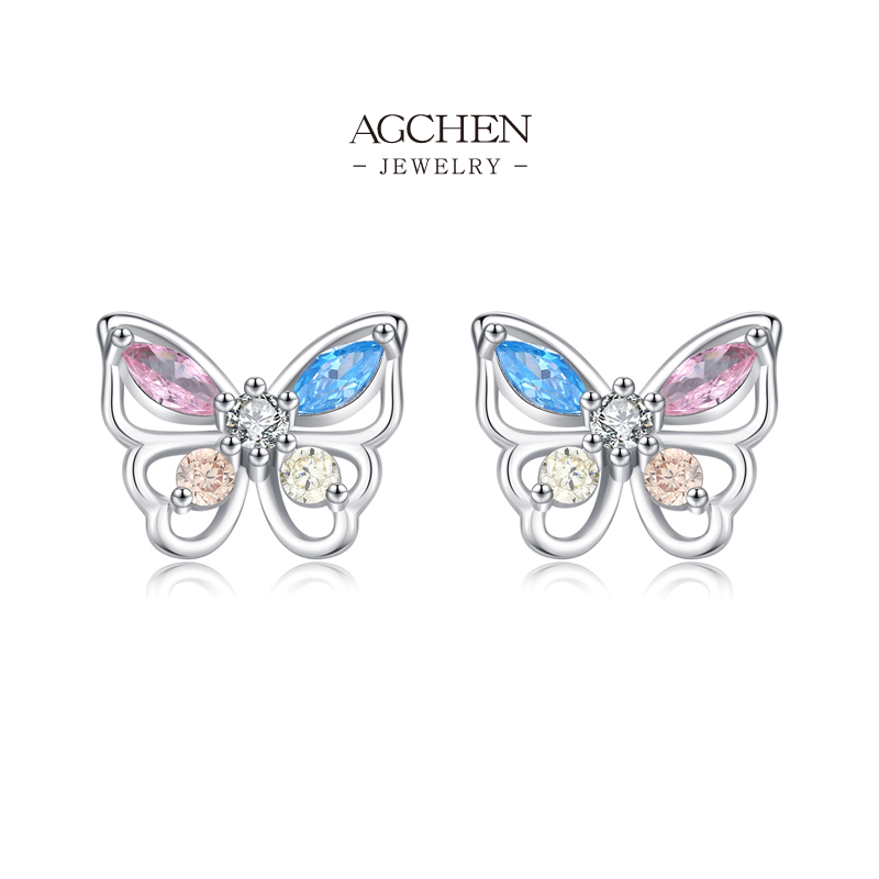 AGCHEN Rainbow Zircon Butterfly Earrings 925 Sterling Silver Colorful Garden Jewelry AGRHE1466