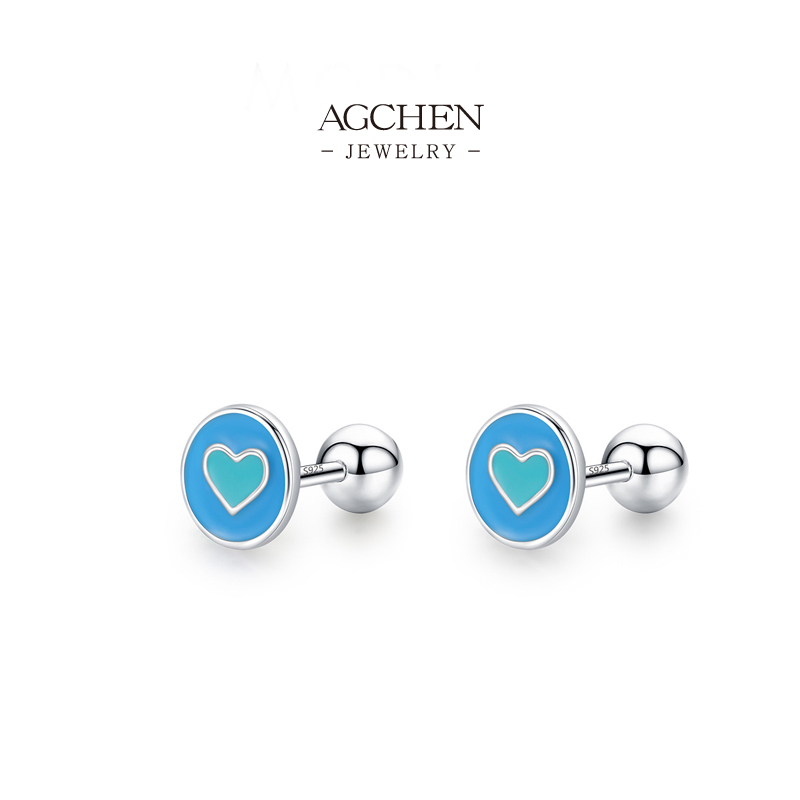 AGCHEN Heart Enamel Stud Earrings 925 Silver Plated Glass Art Effect Jewelry AGRHE1300
