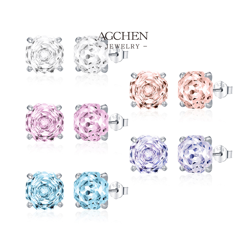 AGCHEN Multicolor Birthstone Zircon Stud Earrings 925 Sterling Silver Zodiac Jewelry Collection AGRHE1878 