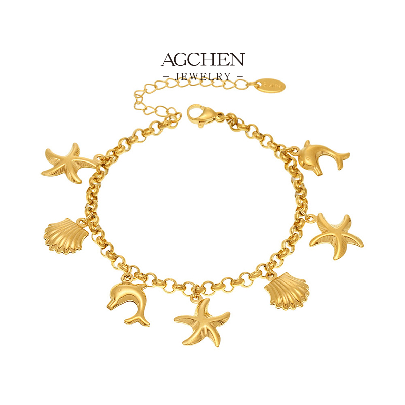 AGCHEN Stainless Steel Heart Shell Dolphin Charm Bracelet Ocean Theme Jewelry AGE634