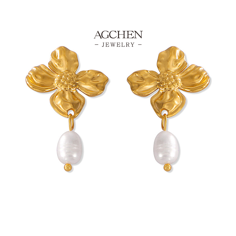 AGCHEN Pearl Floral Statement Earrings Luxury Wedding Collection AG JEWELRY AGF1363