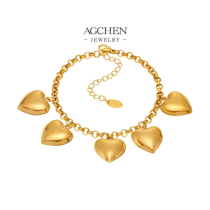 AGCHEN Stainless Steel Polished Heart Charm Bracelet Minimalist Love Jewelry AGE620