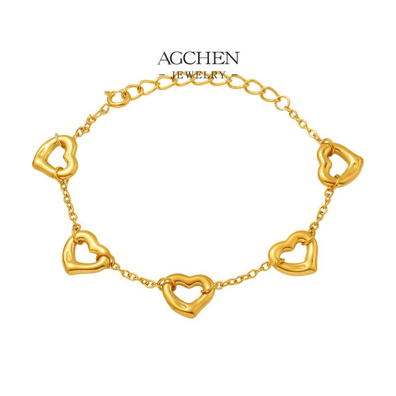 AGCHEN Stainless Steel 18K PVD Gold Plated Heart Charm Bracelet Romantic Gift AGE602
