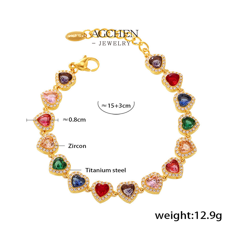 AGCHEN Stainless Steel Full Cut Multi Color Zirconia Heart Bracelet AGE556