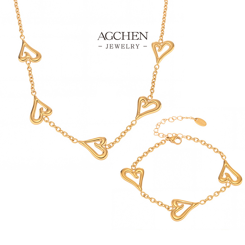 AGCHEN Multi Charm Heart Shape Jewelry Set Necklace Bracelet Earrings Romantic Gift Collection AGTXP267