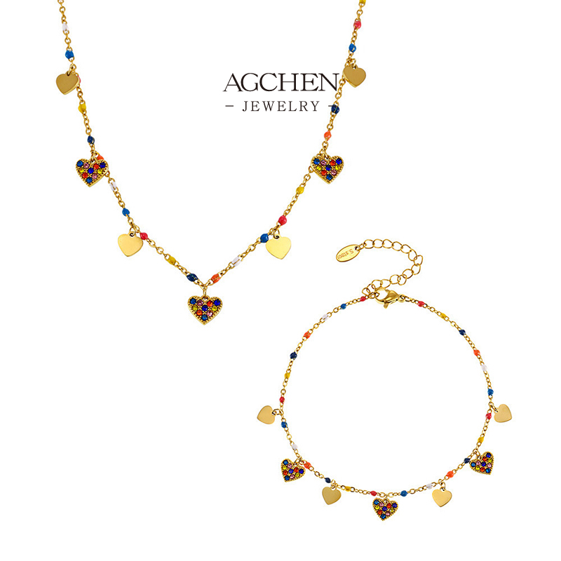 AGCHEN Small Heart Multi Charm Jewelry Set Necklace Bracelet Earrings Anklet Romantic Collection AGTXE224