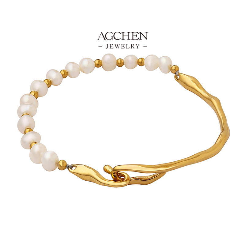 AGCHEN Stainless Steel Pearl Chain Bracelet Elegant Everyday Jewelry AGE375
