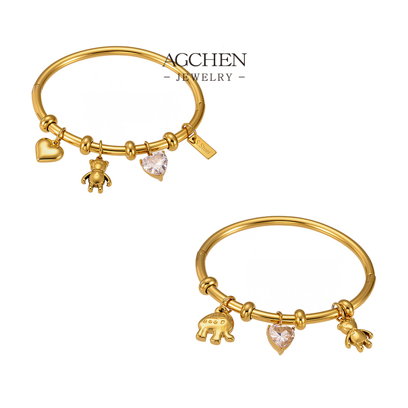 AGCHEN Stainless Steel Heart Bear Multi Charm Bracelet Playful Elegant Jewelry AGZ360