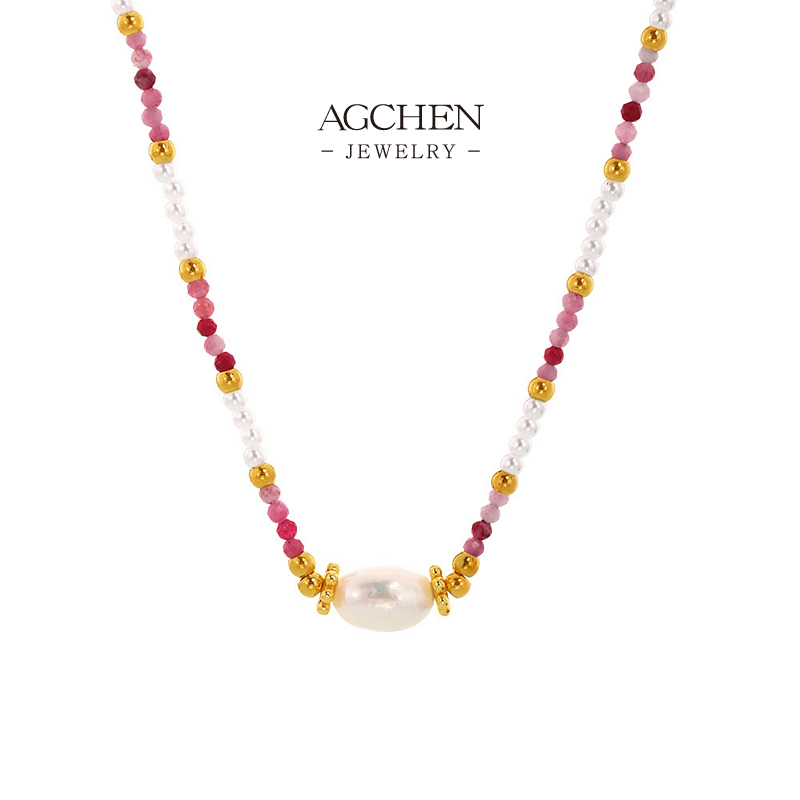 AGCHEN Stainless Steel Beaded Necklace Collection Multicolor Stackable Jewelry for Women AGP1993