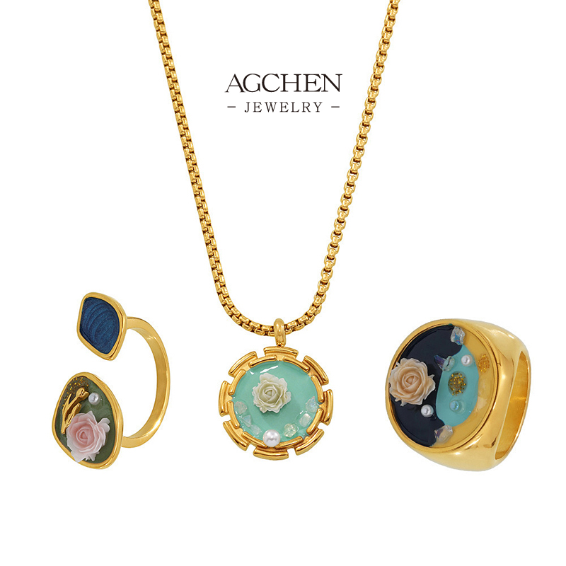AGCHEN Vintage Floral Jewelry Set Necklace Earrings Bracelet Ring Antique Bloom Collection AGTXA246