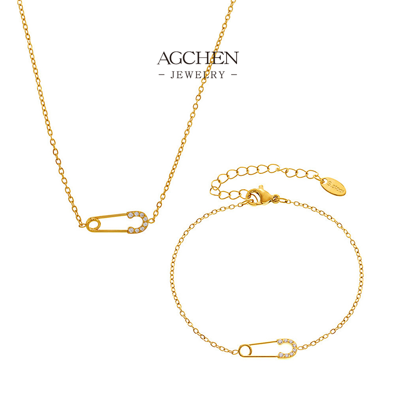 AGCHEN Paperclip Design Jewelry Set Necklace Bracelet Modern Industrial Collection AGTXP233
