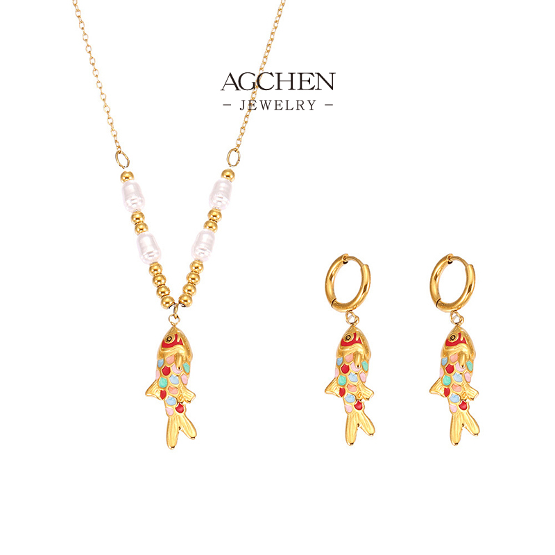 AGCHEN Fish Design Jewelry Set Necklace Earrings Ring Bracelet Ocean Life Collection AGTXP298