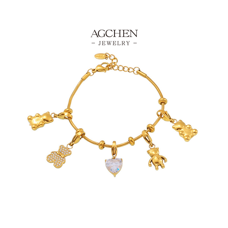 AGCHEN Stainless Steel Multi Bear Charm Bracelet Cute Animal Jewelry AGE599