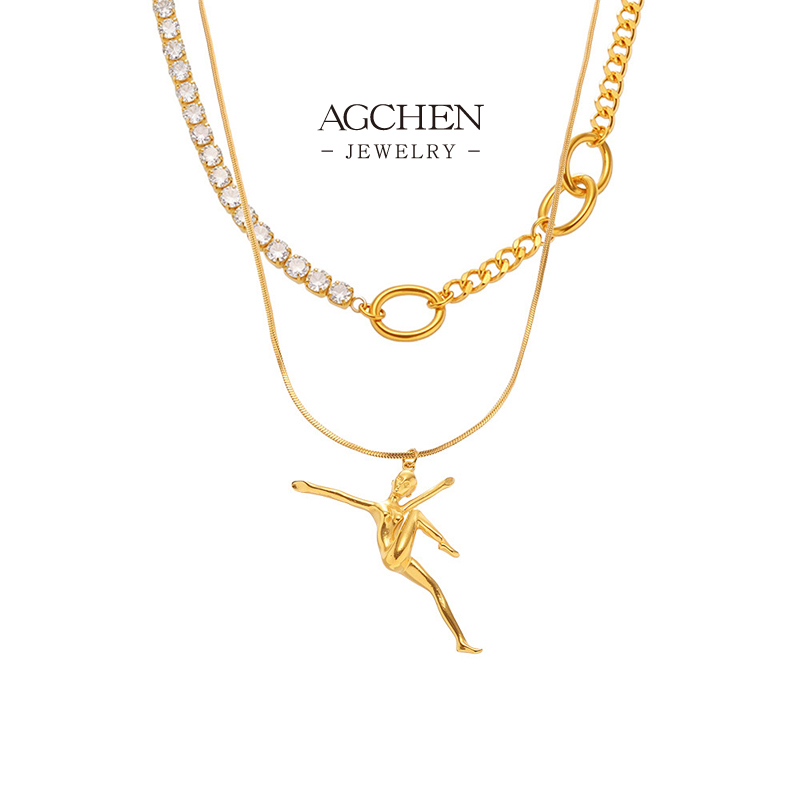 AGCHEN Zircon Puzzle Link Necklace Stainless Steel Modernist Collar Jewelry AGP116