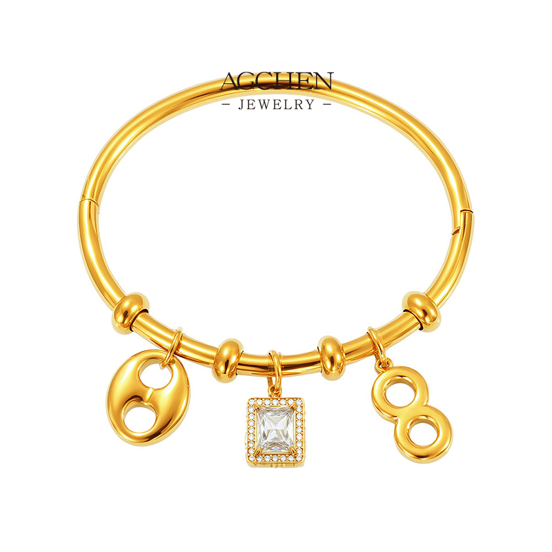 AGCHEN Stainless Steel Square Zirconia Infinity Bangle Modern Symbolic Jewelry AGZ401