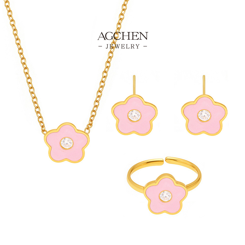 AGCHEN Pink Flower Jewelry Set Childrens Fashion Accessories Custom OEM Service AGTXP263