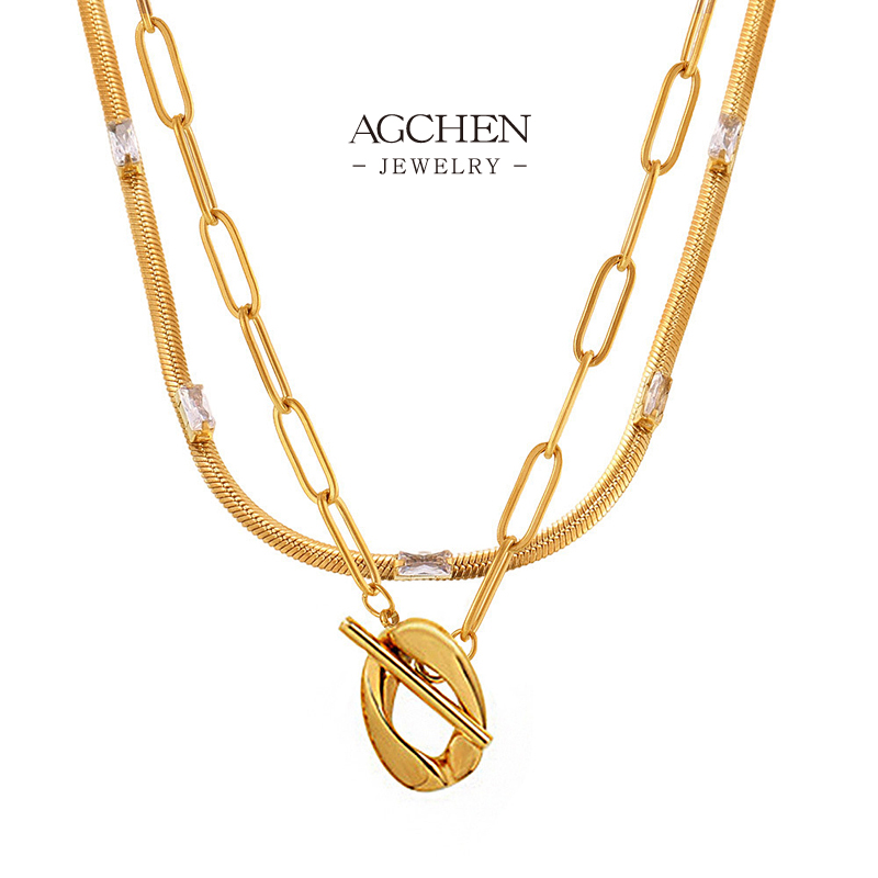 AGCHEN White Zircon Pendant Necklace Stainless Steel Ice Sparkle Jewelry AGP140