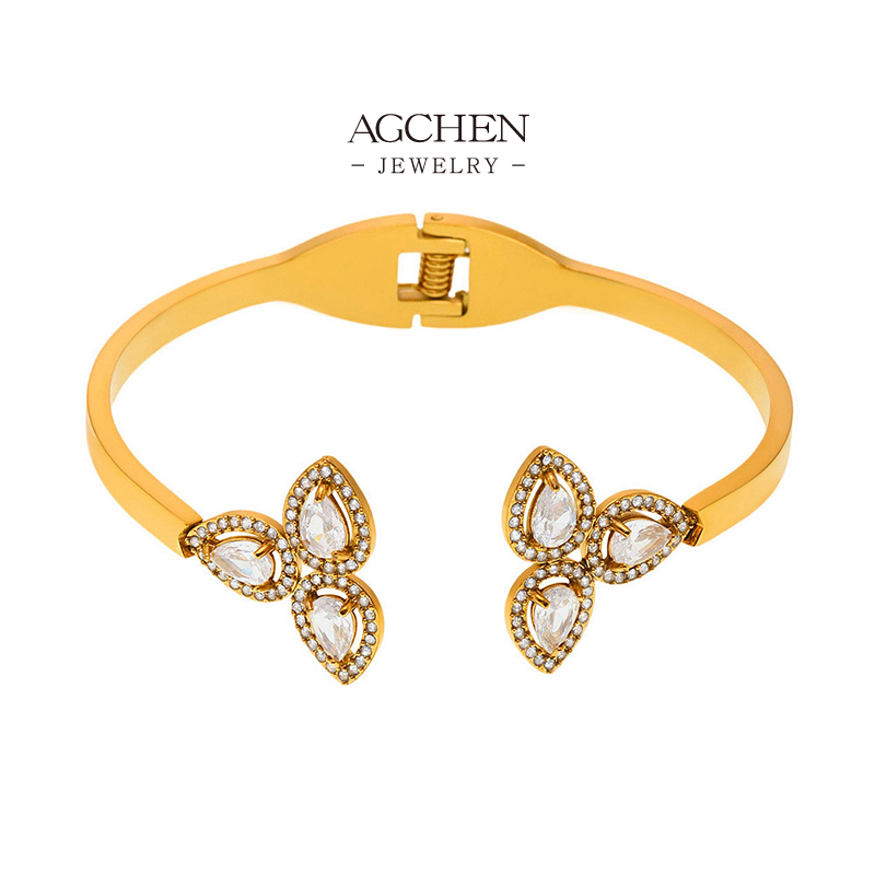 AGCHEN Stainless Steel Shamrock Bangle Lucky Charm Jewelry AGZ422