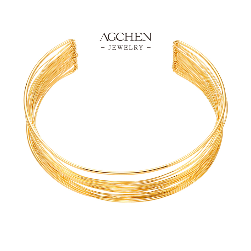 AGCHEN Stainless Steel Wide Cuff Bangle Modern Architectural Jewelry AGZ431
