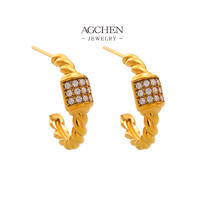 AGCHEN Stainless Steel Striped Zirconia Line Earrings Modern Architectural Jewelry AGF374