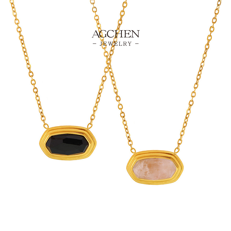 AGCHEN Stainless Steel Quartz Stone Pendant Necklace Healing Crystal Jewelry AGP077