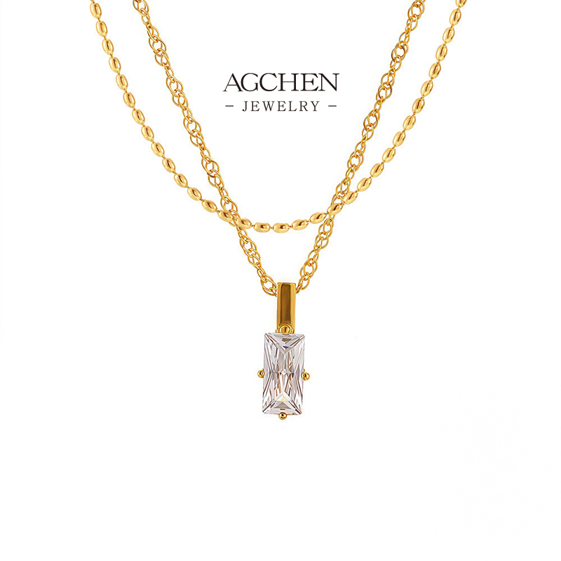AGCHEN Stainless Steel Square Zirconia Statement Necklace For Women Gift Box Ready AGP516