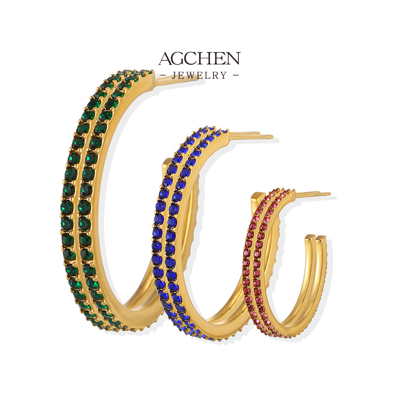 AGCHEN Stainless Steel C Shape Zirconia Earrings Multi Color Birthstone Collection Small Medium Large Sizes AGF1711