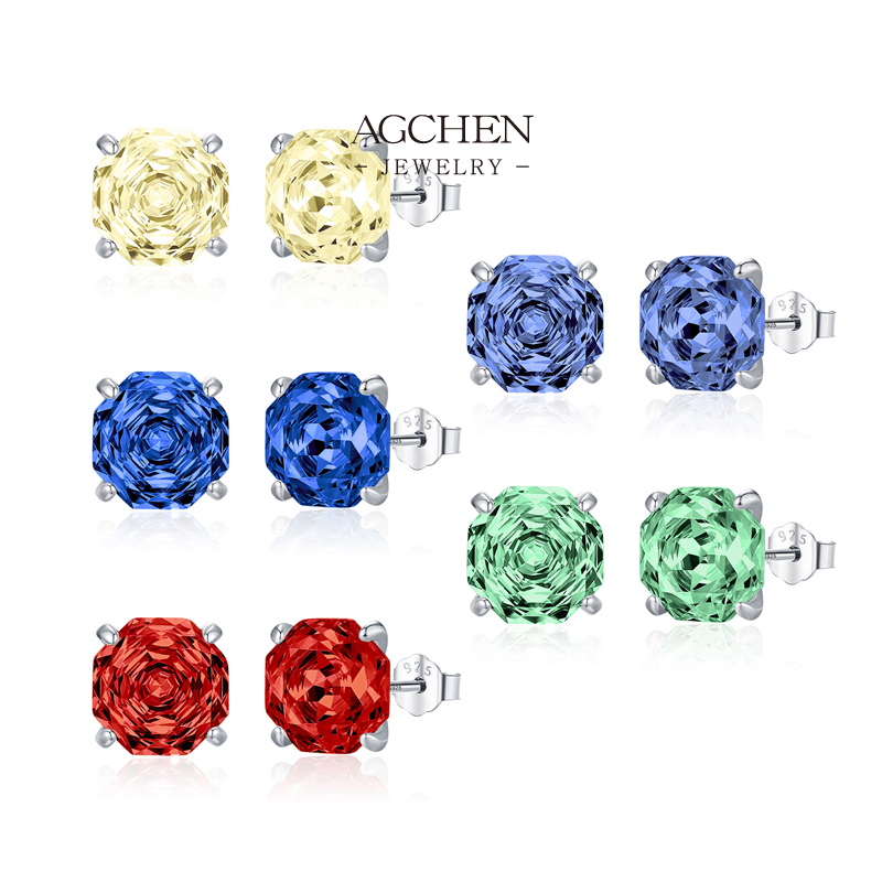 AGCHEN 925 Silver 12 Zodiac Star Zirconia Stud Earrings Astrology Birthstone Jewelry B2B Supplier AGRHE2028