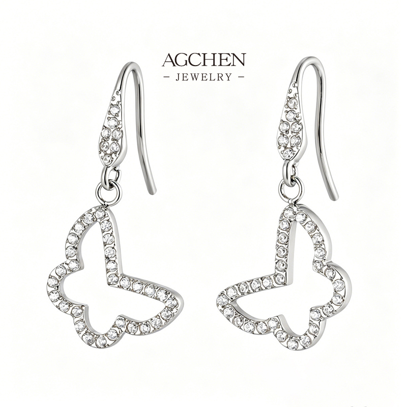 AGCHEN Stainless Steel Butterfly Zirconia Charm Earrings Complete Jewelry Source Factory Direct Price AGE1360