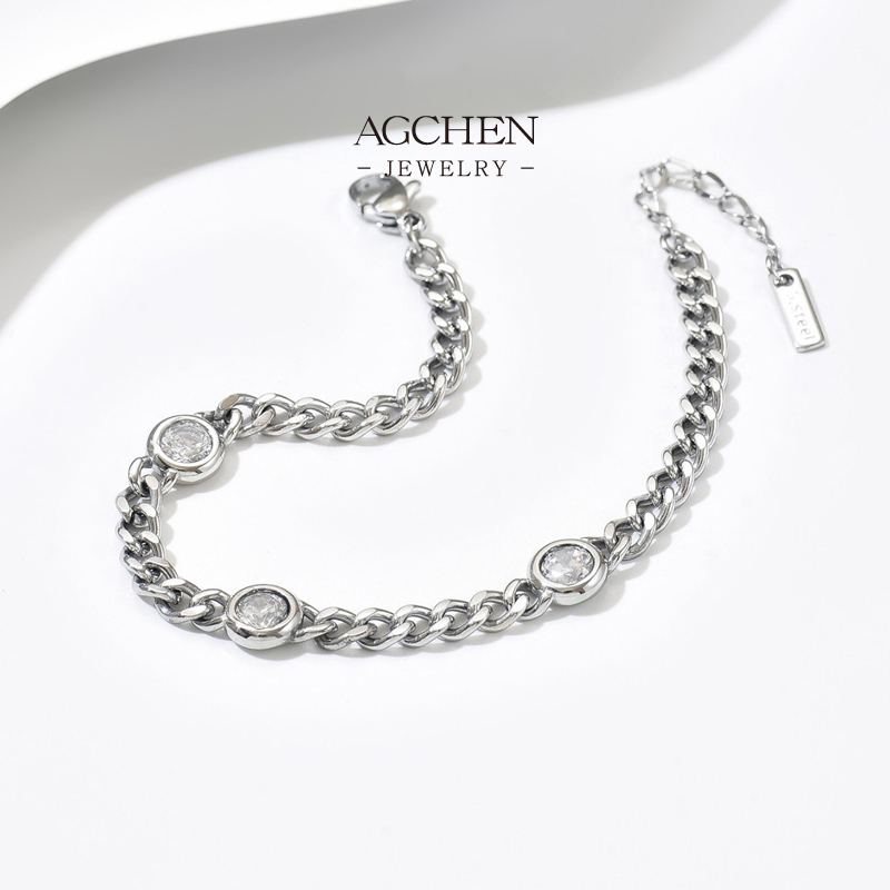AGCHEN Stainless Steel Round Zirconia Link Bracelet One Stop Supply Chain Complete Jewelry Solution AGS1795