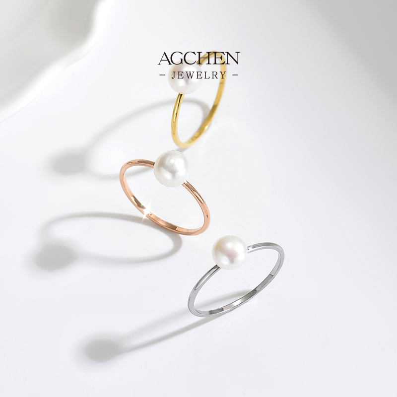 AGCHEN Stainless Steel Natural Freshwater Pearl Ring Complete Jewelry Source Factory Direct Price AGJ769