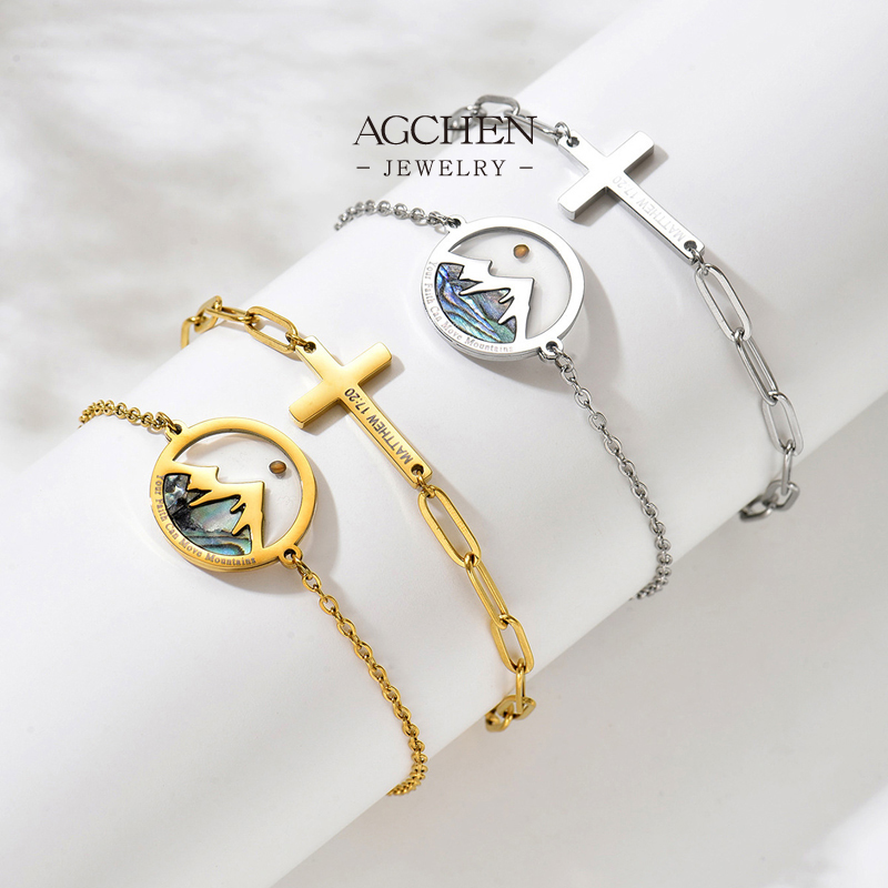 AGCHEN Stainless Steel Cross And Abalone Shell Bracelet Set One Stop Service Integrated Jewelry Source AGS1809B