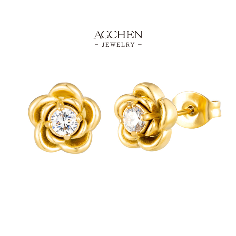 AGCHEN Stainless Steel Floral Zirconia Stud Earrings One Stop Supply Chain Full Service Manufacturer B2B AGE1339