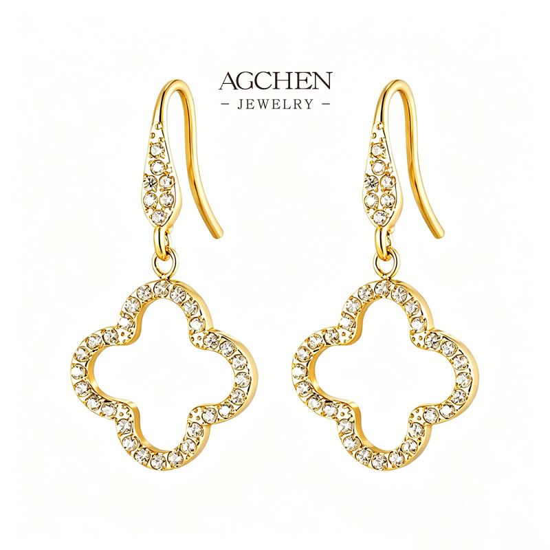 AGCHEN Stainless Steel Four Leaf Clover Zirconia Earrings One Stop Supply Chain Wholesale AGE1354