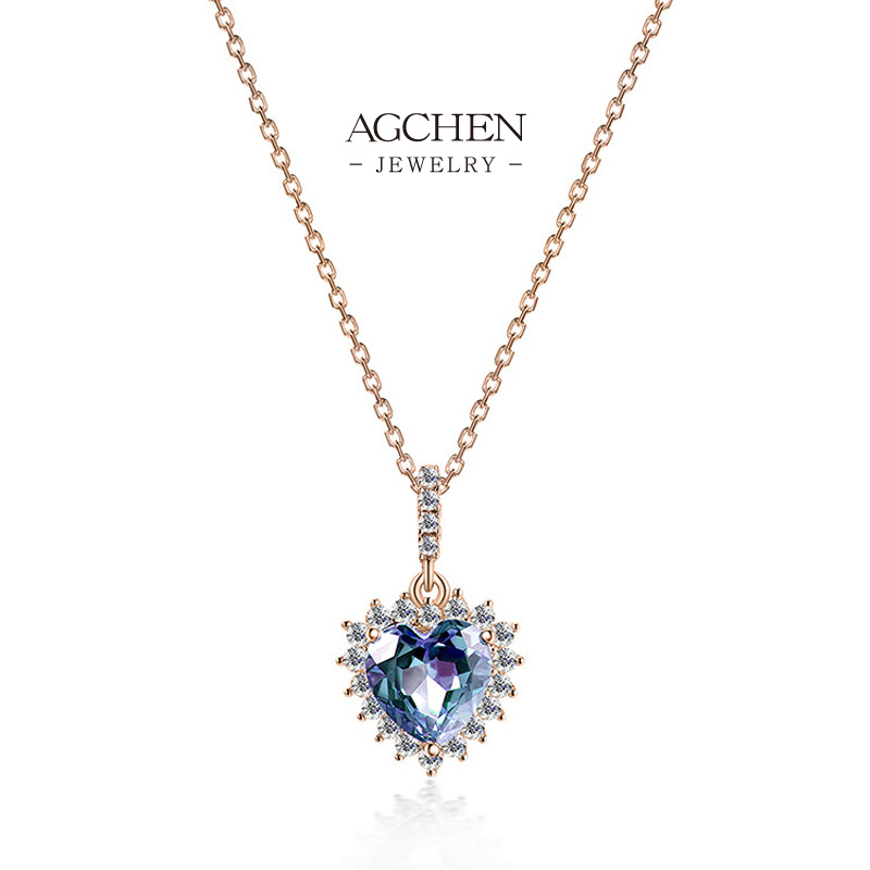 AGCHEN Blue Zirconia Heart Pendant Necklace Romantic Crystal Jewelry AGDGPS0038