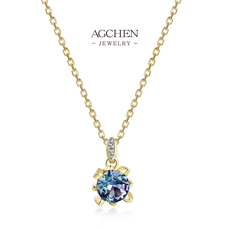 AGCHEN Blue Zirconia Floral Pendant Necklace Artistic Bloom Design AGDGPS0039 