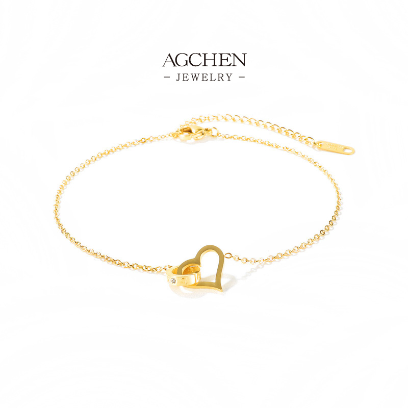AGCHEN Stainless Steel Double Heart Bracelet Romantic Love Jewelry Couple Gift Wholesale Supplier AG104