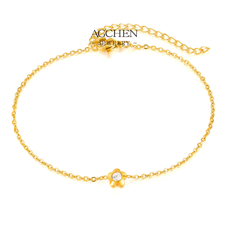 AGCHEN Stainless Steel Flower Bracelet Anklet Set Floral Jewelry Women Beach Boho Gift AG213