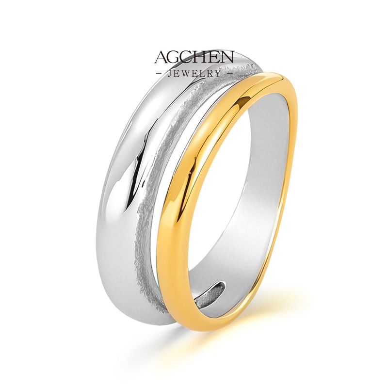 AGCHEN Stainless Steel Two Tone Ring Gold Silver Contrast Modern Stackable Jewelry Anniversary Gift AG709